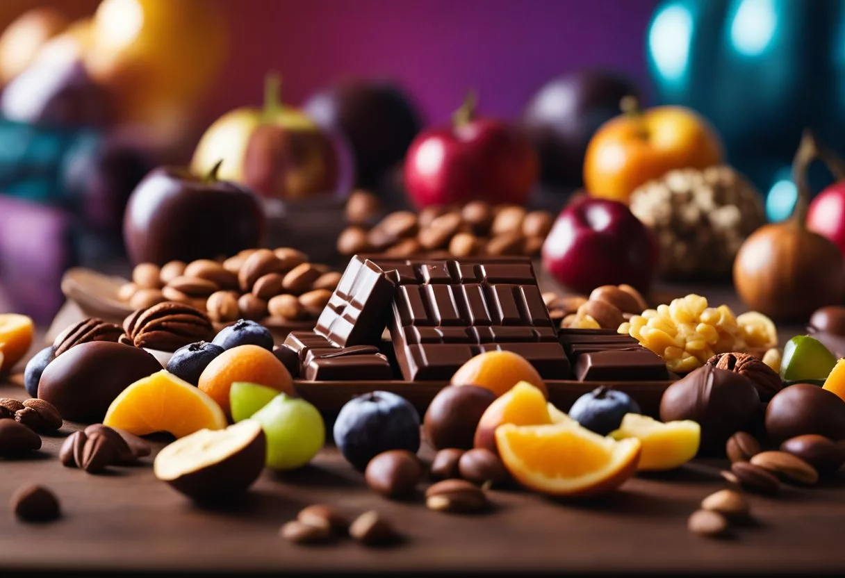 A table covered in various types of chocolate, surrounded by colorful fruits and nuts. A person's shadow looms in the background, reaching for a piece of chocolate