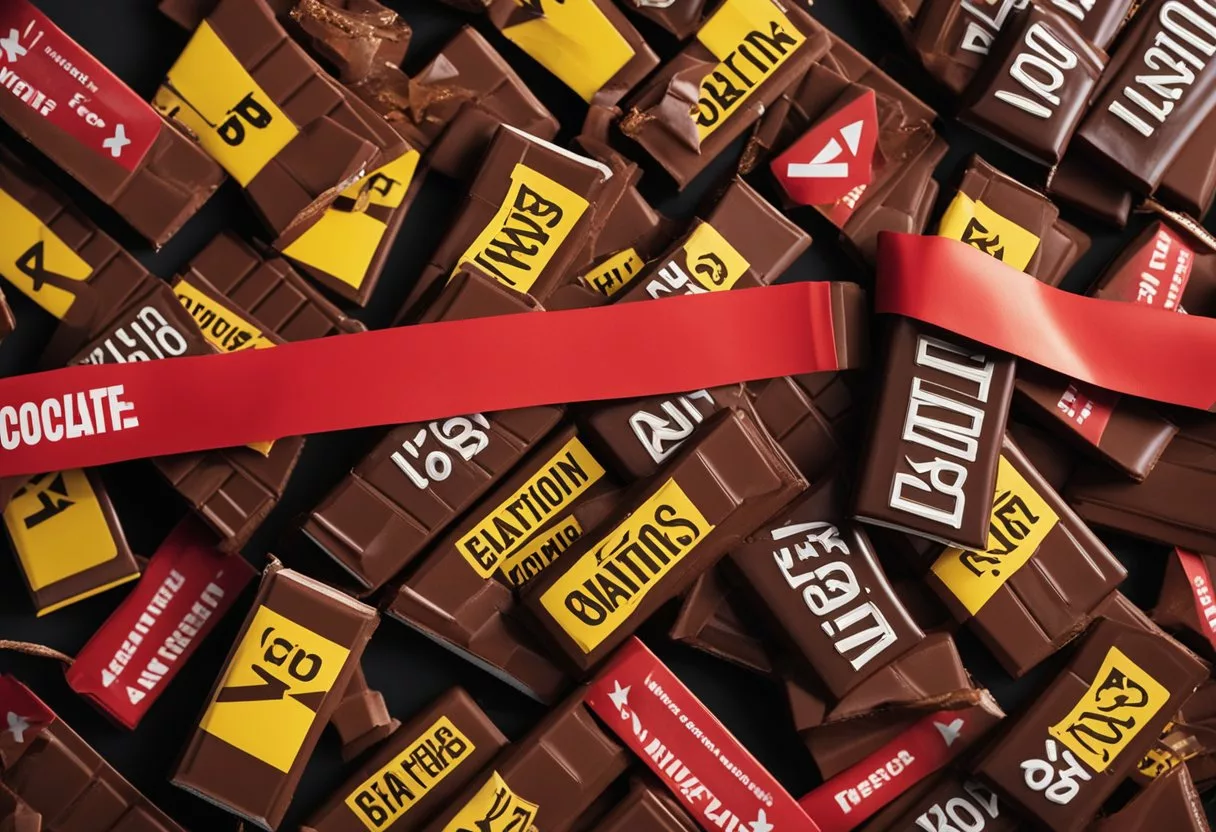 A pile of chocolate bars surrounded by warning signs and caution tape. A red "X" marks the spot