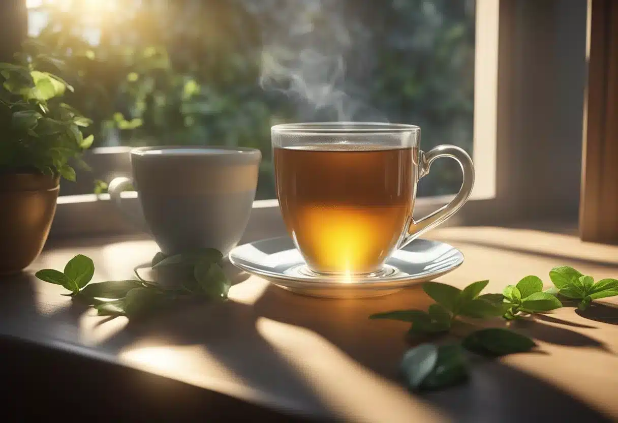A steaming cup of tea surrounded by fresh tea leaves, berries, and herbs, with rays of sunlight filtering through a window onto the scene