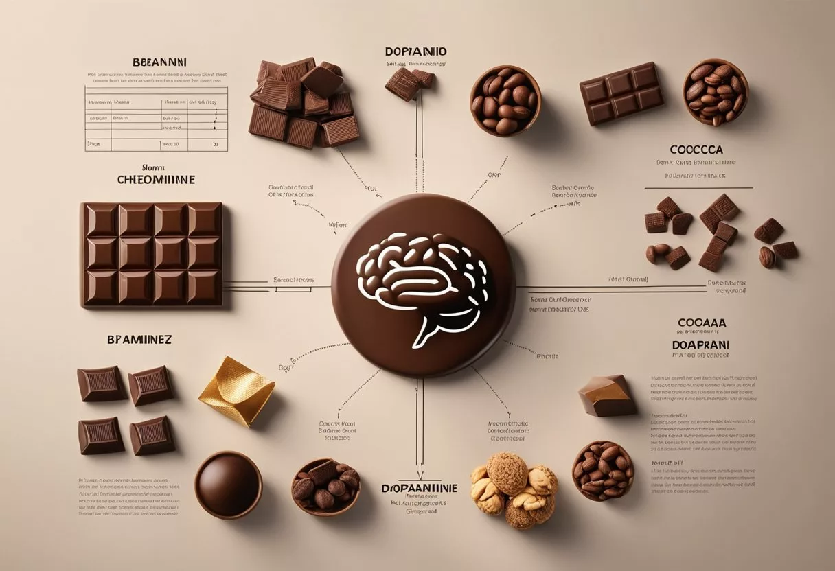 A table covered in chocolate bars, cocoa beans, and a brain diagram showing dopamine release