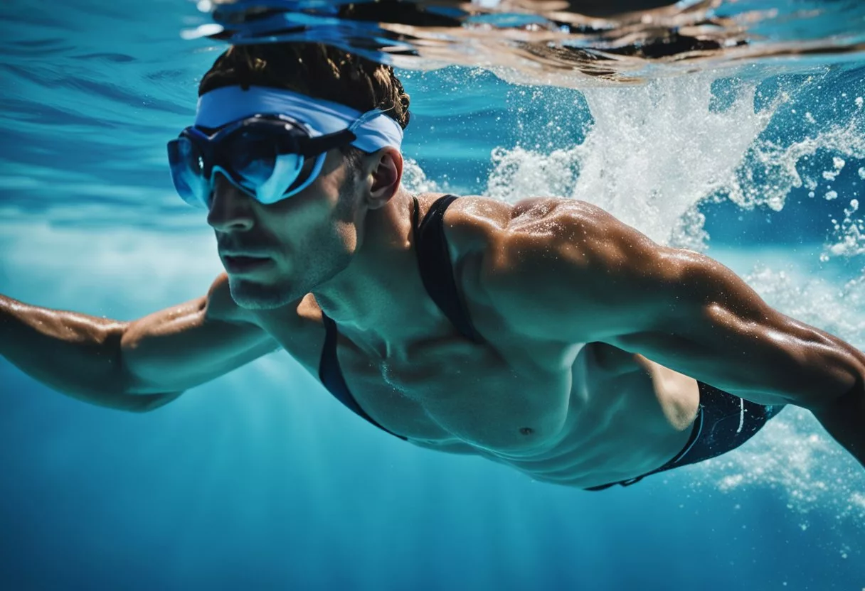 A swimmer glides through clear blue waters, muscles toned from daily exercise. The body moves with grace and strength, supported by the buoyancy of the water