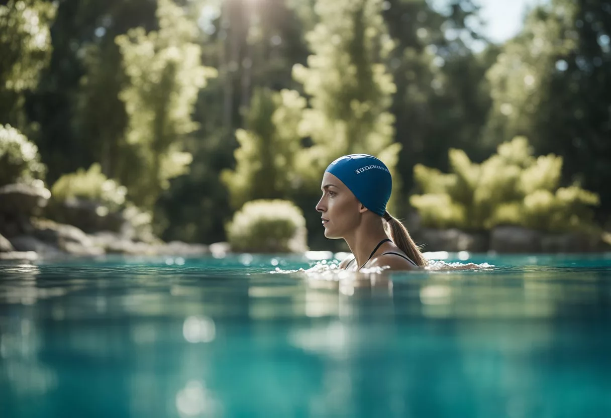 A serene pool with a swimmer gliding through crystal-clear water, surrounded by a peaceful and natural setting. The swimmer's body moves effortlessly, demonstrating the physical health benefits of swimming