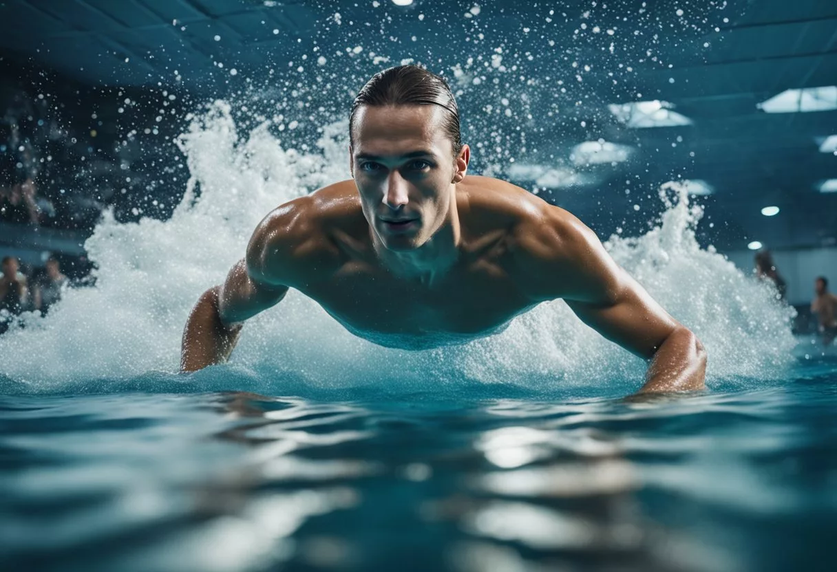 A swimmer glides through the water, arms reaching forward and kicking legs propelling them forward. The body moves smoothly, muscles toned and strong from daily practice