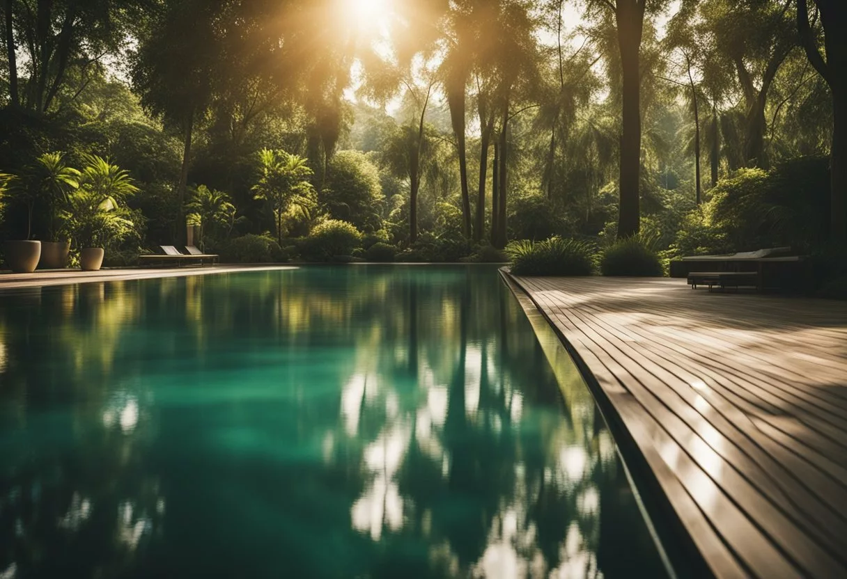 A serene pool with rippling water, surrounded by lush greenery. The sun is shining, casting a warm glow over the scene