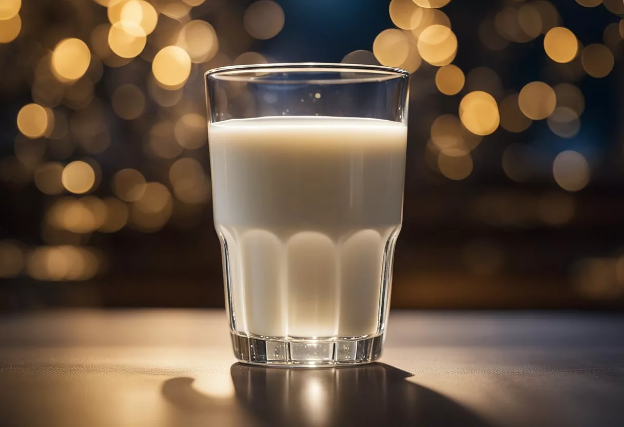 A glass of milk sits on a table, surrounded by a halo of radiating energy, as if it is providing nourishment and vitality to the surrounding environment