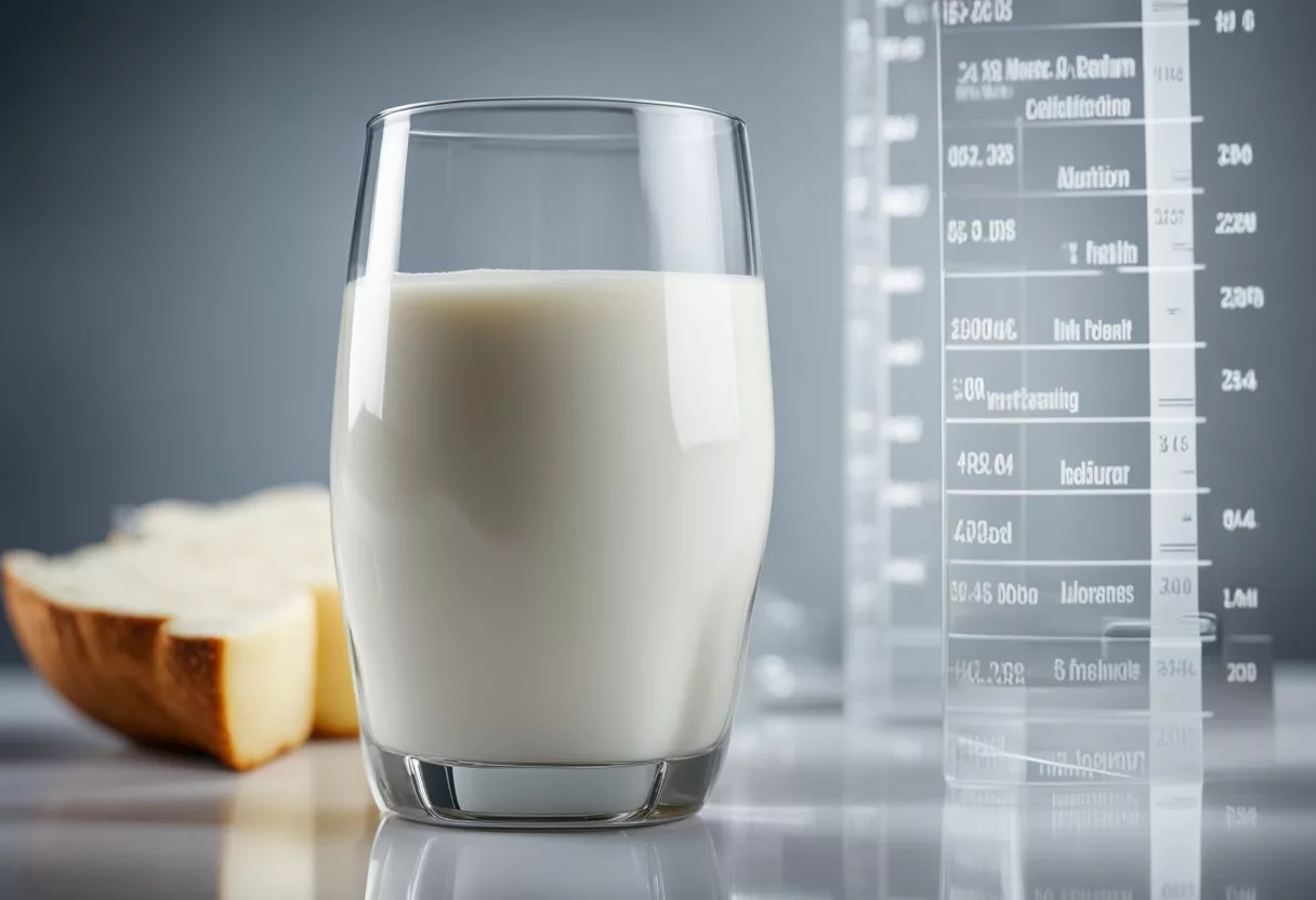 A glass of milk sits on a table next to a chart showing its nutritional profile. A person's silhouette stands nearby, radiating health and vitality