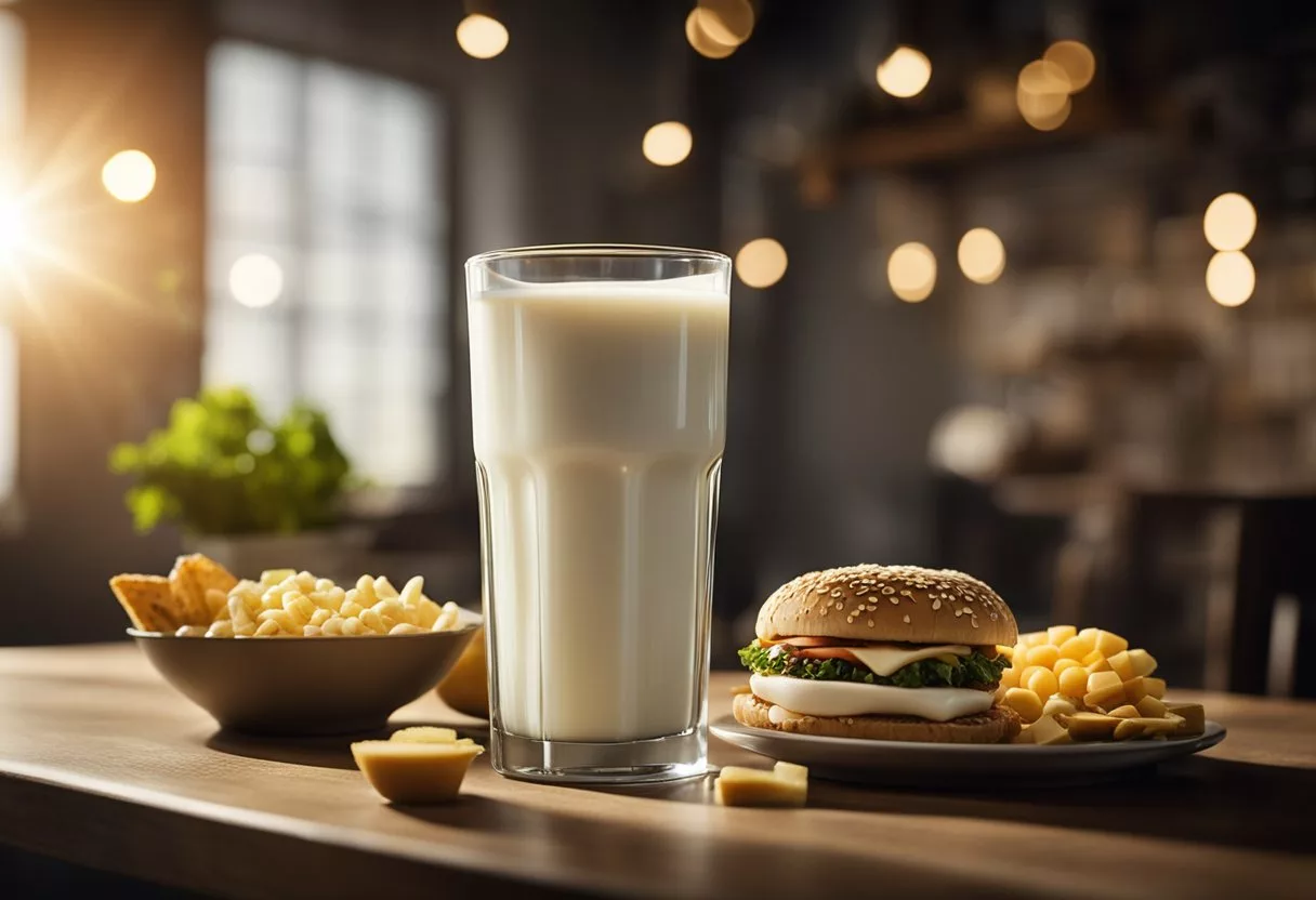 A glass of milk sits on a table surrounded by various food items. A beam of light shines down on the glass, highlighting its importance in a balanced diet