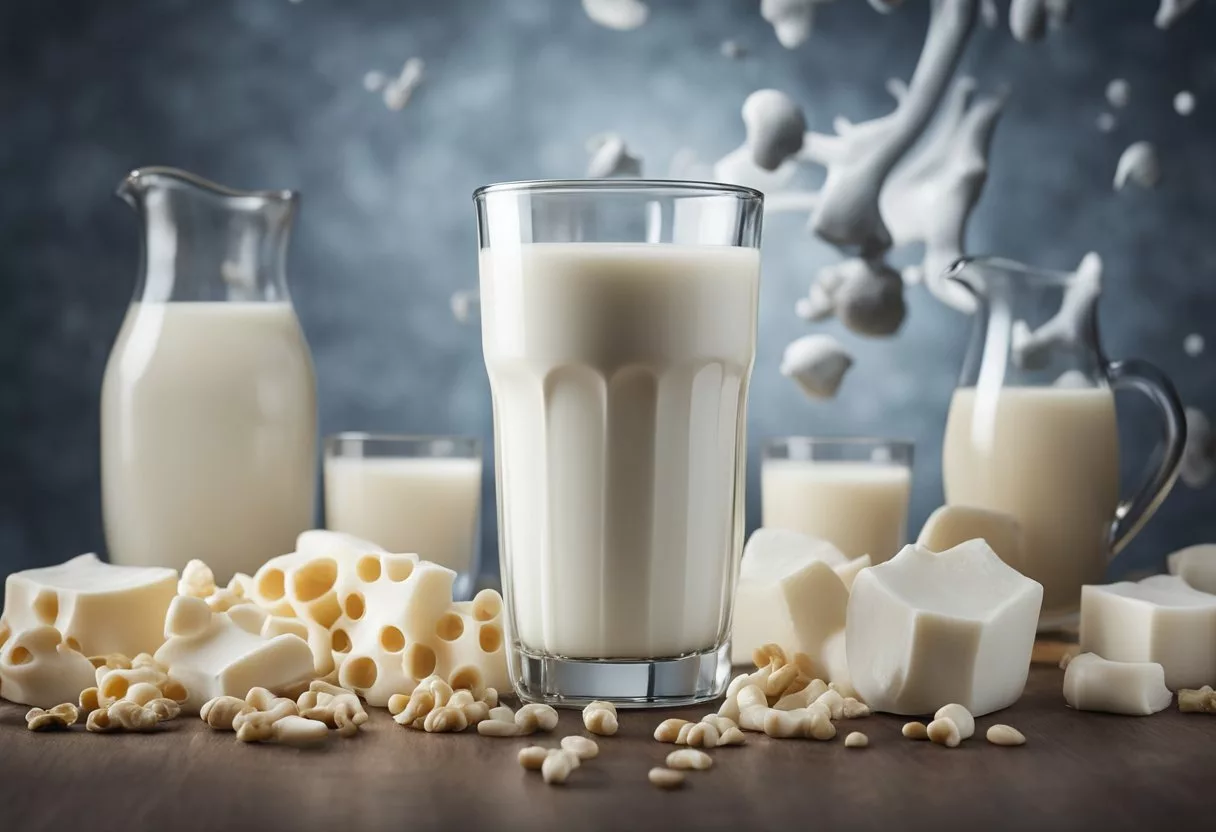 A glass of milk pouring into a clear glass, surrounded by images of healthy bones, strong muscles, and a glowing complexion