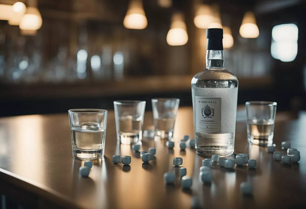 A bottle of gin sits on a table, surrounded by empty glasses. Pills are scattered nearby, suggesting daily medication. The scene conveys the impact of regular gin consumption on the body