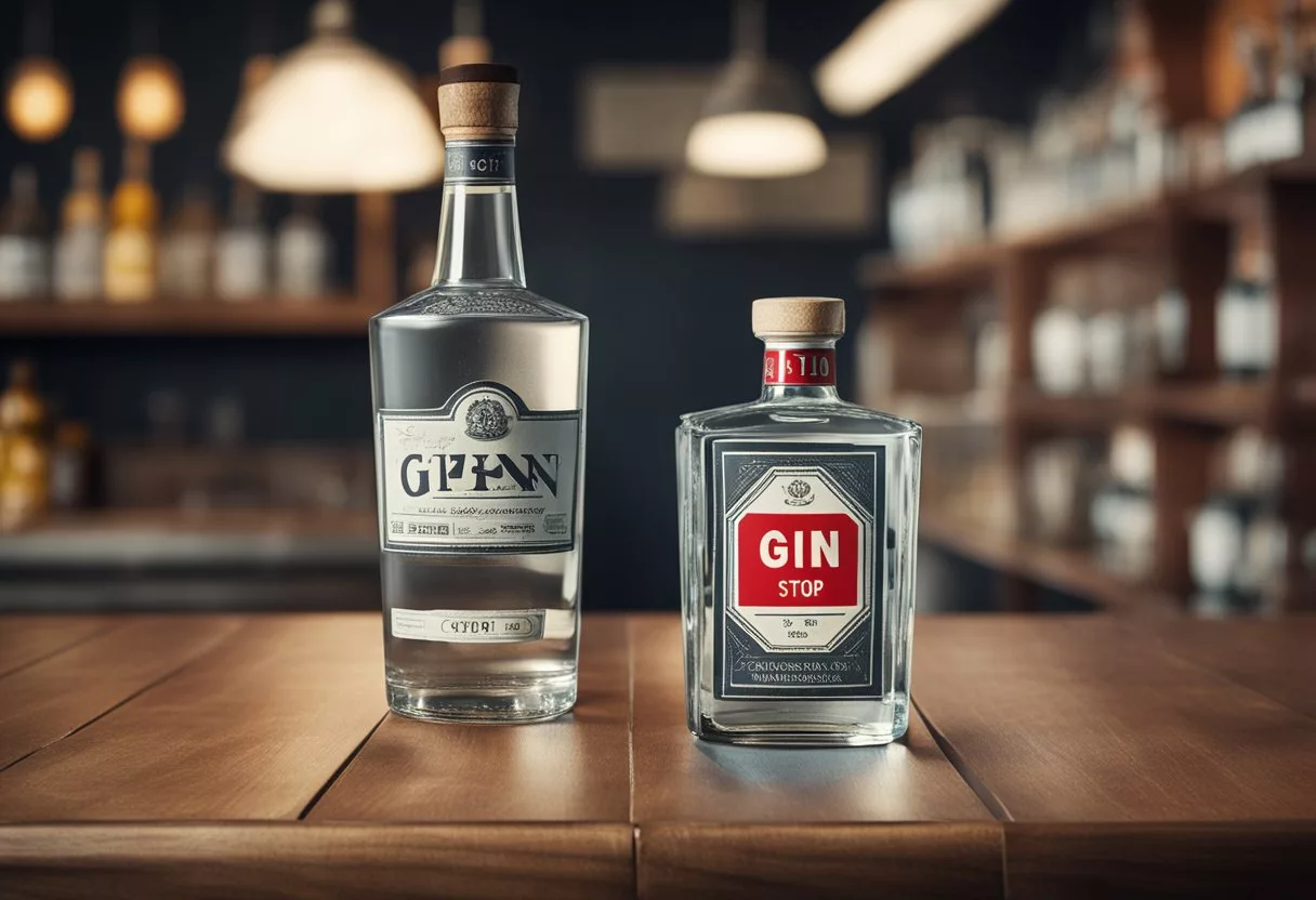 A bottle of gin sits on a table, surrounded by warning labels and caution signs. A red "stop" sign is placed in front of it