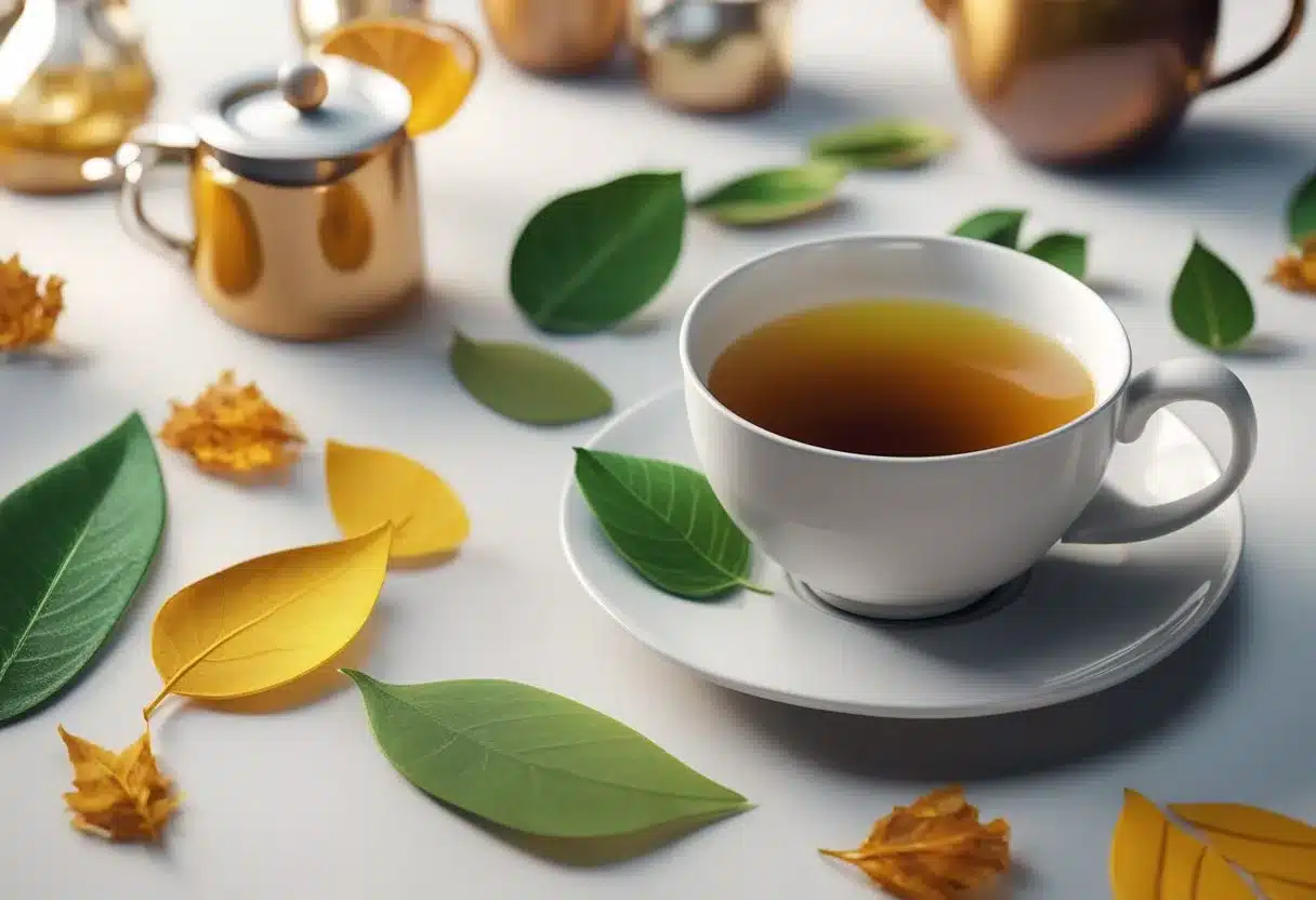 A steaming cup of tea with colorful antioxidant-rich leaves swirling in the liquid