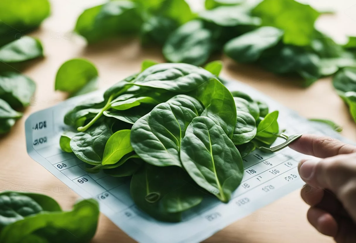 A pile of fresh spinach leaves next to a chart showing its nutritional profile. A person's silhouette radiating with health and energy