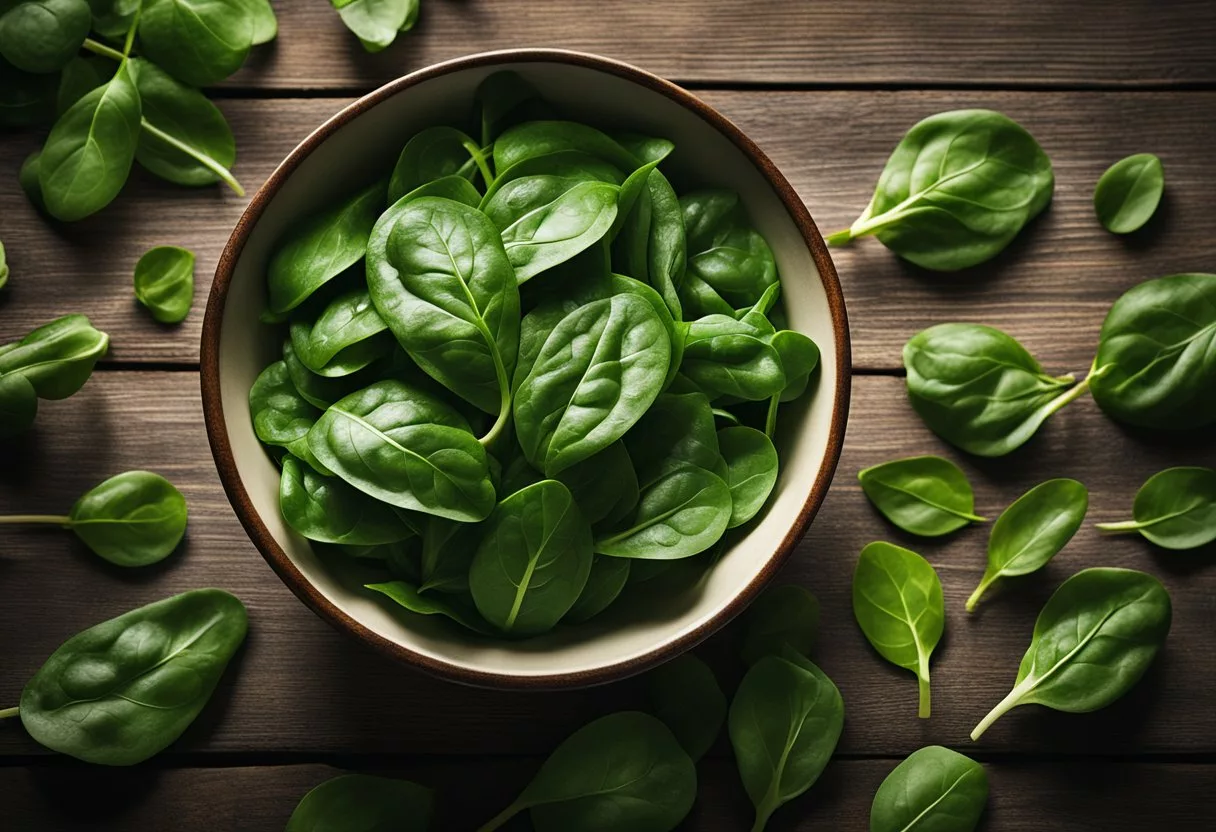 A bowl of fresh spinach sits on a table, surrounded by vibrant green leaves. A beam of sunlight highlights the nutritious leaves, emphasizing their health benefits