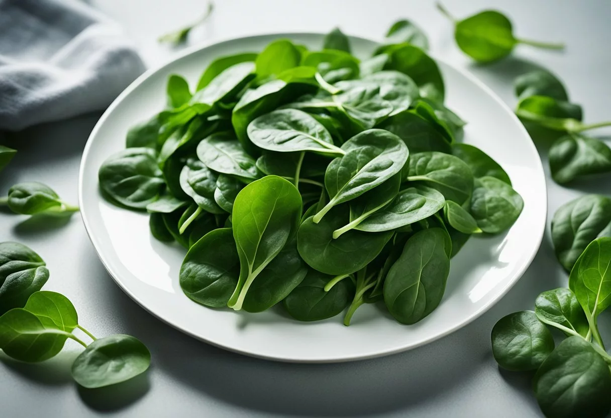 A pile of fresh spinach leaves sits on a clean white plate, surrounded by vibrant greenery. A beam of sunlight illuminates the scene, highlighting the nutritious and wholesome qualities of the vegetable