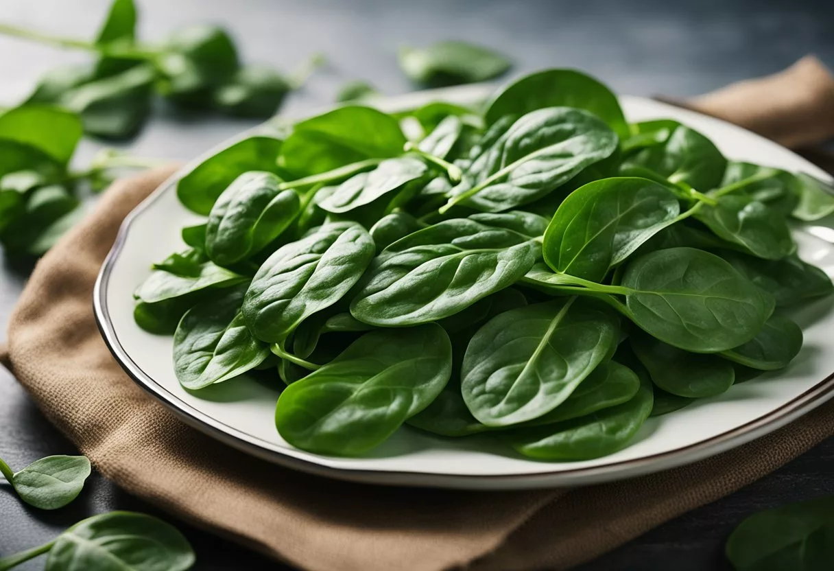 A pile of fresh spinach leaves, a fork, and a plate. A radiant glow surrounds the plate, symbolizing the positive effects on the body from eating spinach daily