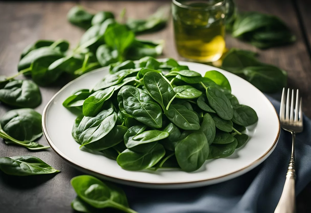 A pile of fresh spinach leaves, a fork, and a plate. The spinach is being consumed daily, with a sense of vitality and health radiating from the scene