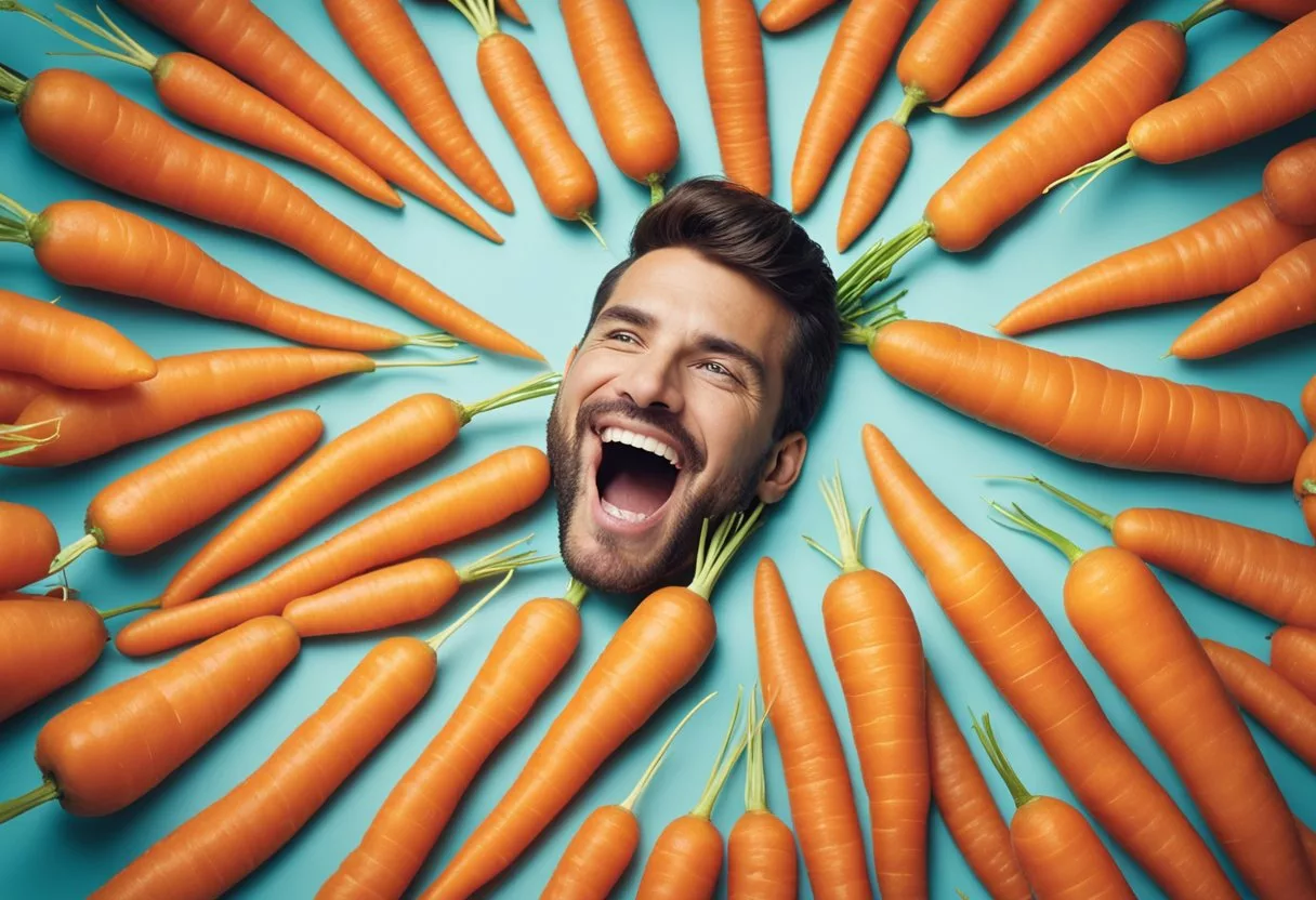 A pile of carrots disappearing into a mouth, with a glow radiating from the body, showing improved health and vitality