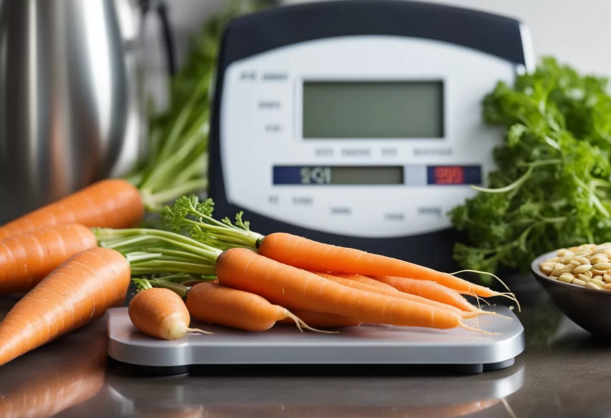 A pile of carrots sits next to a blood sugar monitor and a scale. The monitor shows stable levels, while the scale indicates a gradual decrease in weight