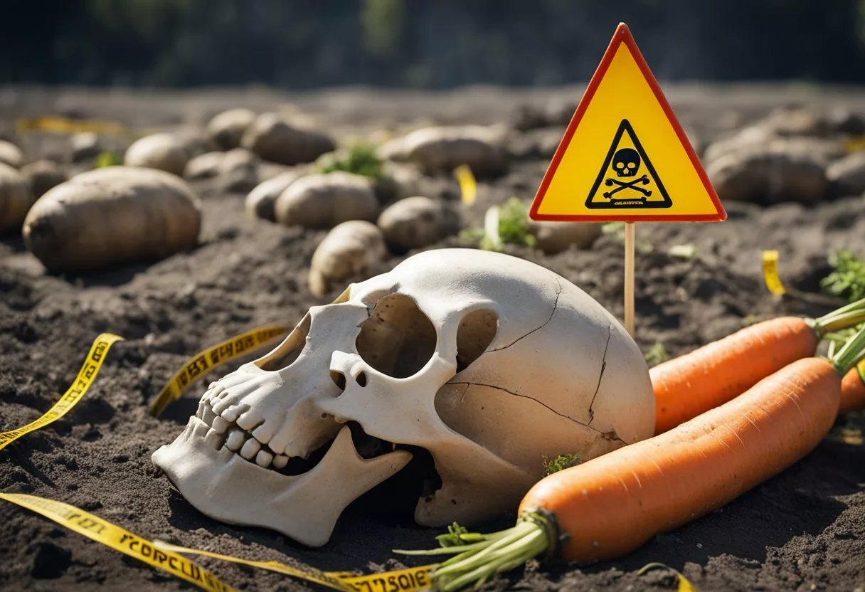 A pile of carrots surrounded by warning signs and caution tape. A small skull and crossbones symbol hovers above the carrots, indicating potential risks