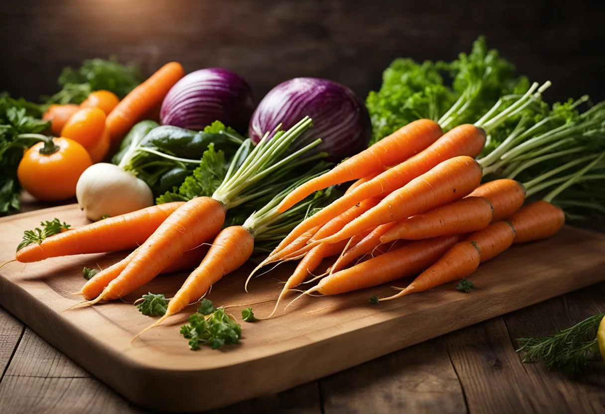 A pile of fresh carrots sits on a wooden cutting board, surrounded by colorful vegetables. A radiant glow emanates from the carrots, symbolizing the health benefits of incorporating them into daily diet