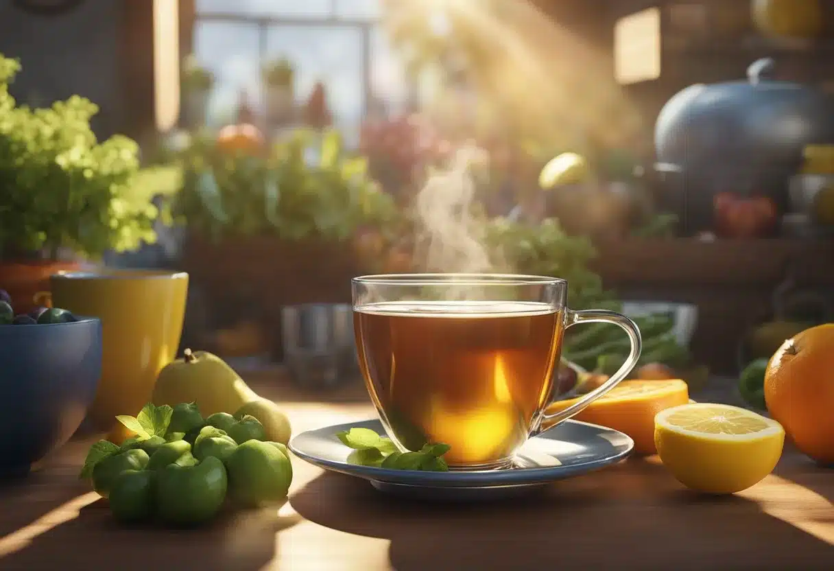 A steaming cup of tea surrounded by colorful fruits and vegetables, with beams of sunlight shining down, highlighting the antioxidant-rich ingredients