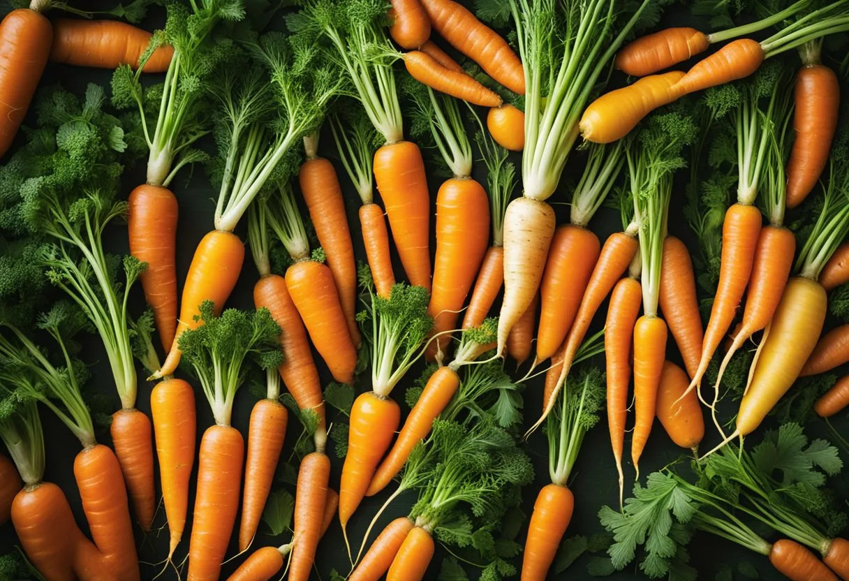 A vibrant display of carrots in different shapes and colors, surrounded by lush greenery