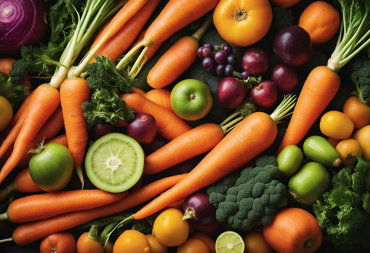 A pile of fresh carrots, surrounded by a variety of colorful fruits and vegetables. A glowing aura emanates from the carrots, symbolizing their positive impact on the body when consumed daily