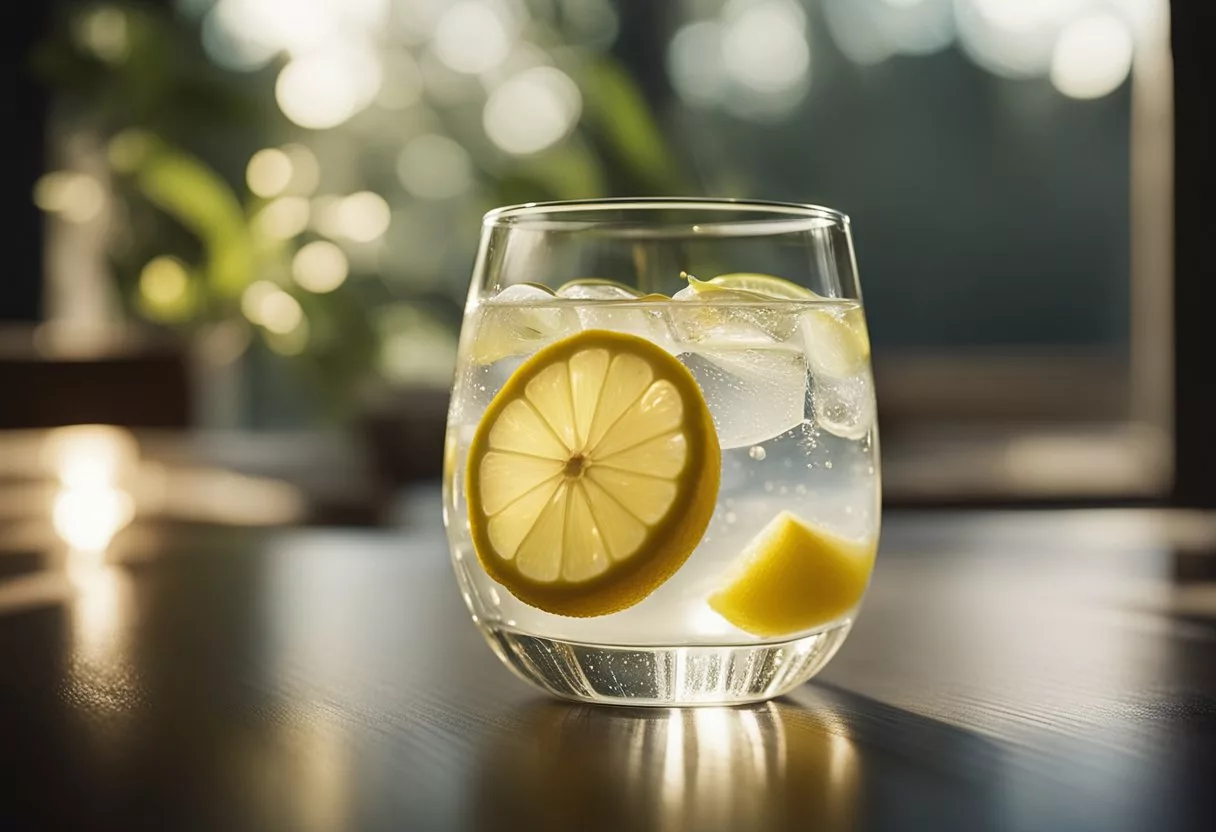 A glass of lemon water sits on a table, with a lemon slice floating in the water. Rays of sunlight filter through a window, casting a warm glow on the scene