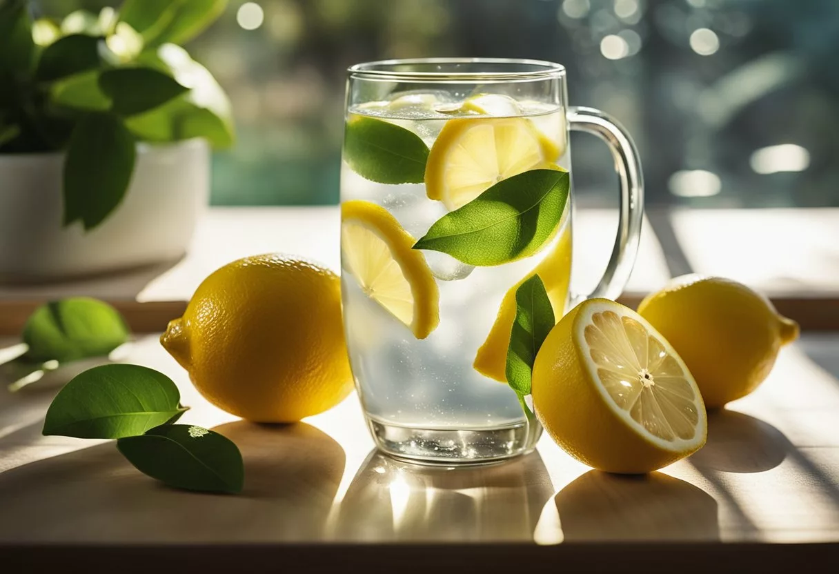 A glass of lemon water sits on a table, surrounded by fresh lemons. Rays of sunlight filter through the window, illuminating the scene