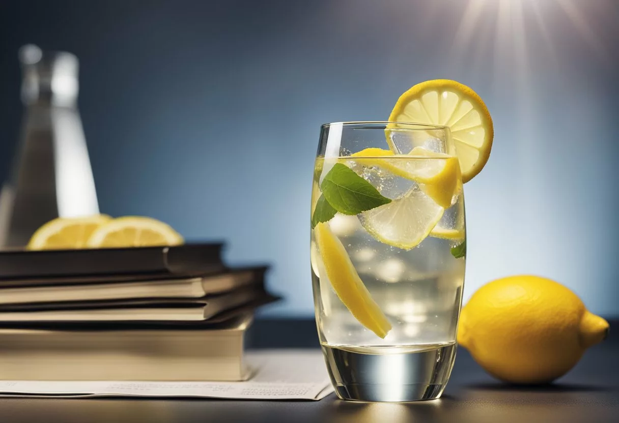 A glass of lemon water surrounded by scientific journals and expert quotes, with a healthy body silhouette in the background