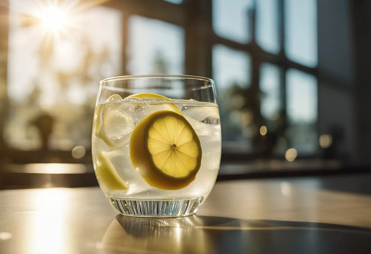 A glass of lemon water sits on a table. A lemon slice floats in the water. The sun shines through the window, casting a warm glow on the glass