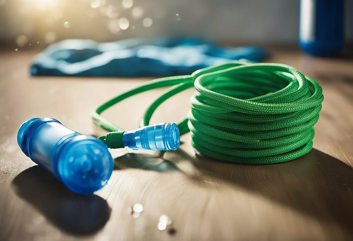 A jump rope lies on the ground, surrounded by sweat droplets and a water bottle. The room is filled with energy and excitement, as the air is filled with the sound of the rope hitting the ground