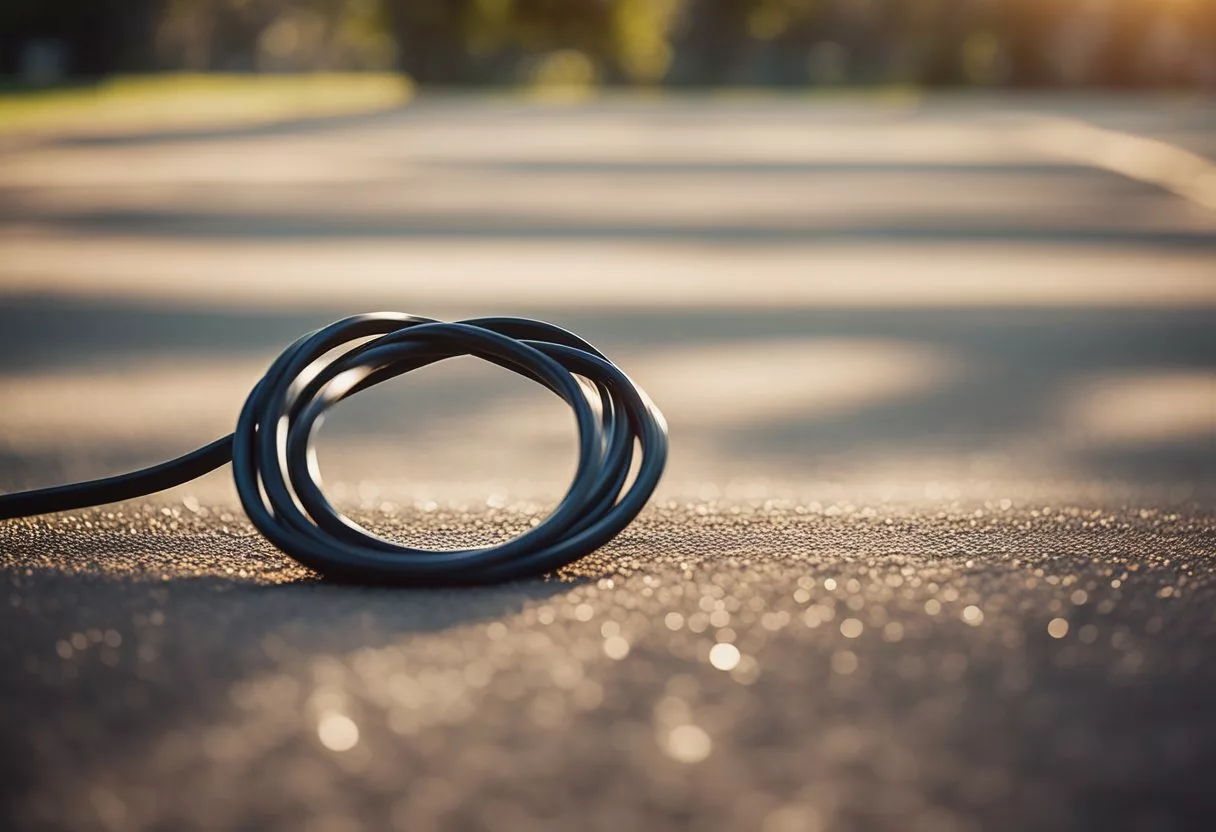 A jump rope swings in rhythm, creating a loop in the air. The ground beneath shows signs of wear from repeated impact