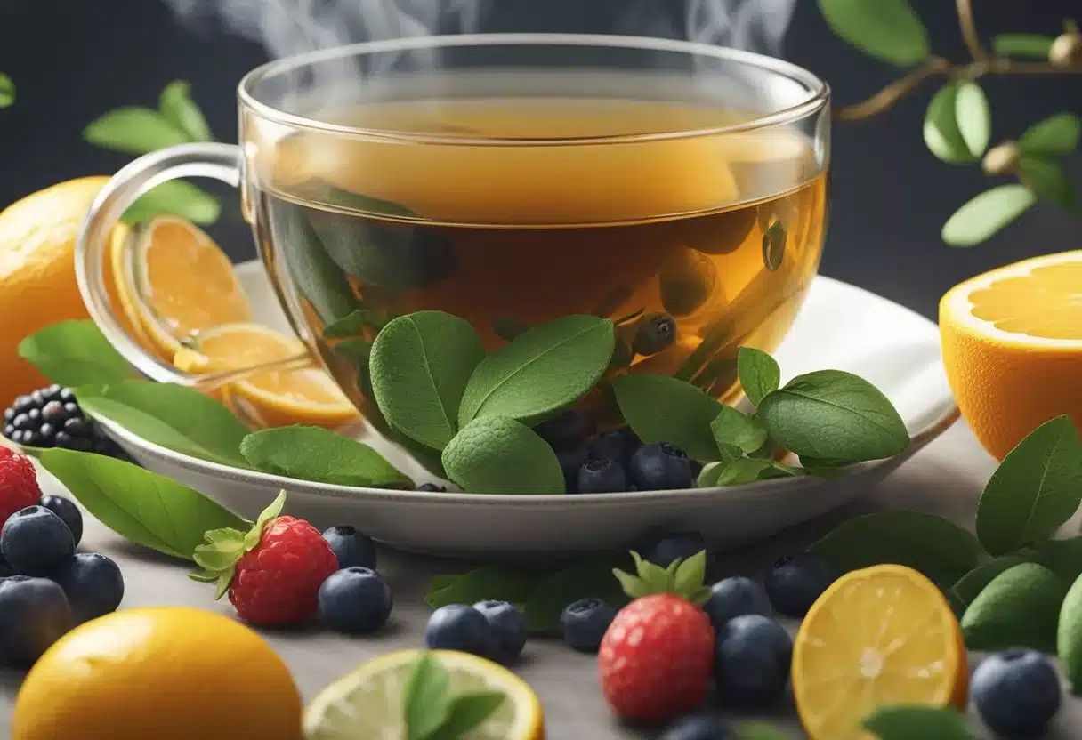 A steaming cup of tea surrounded by various antioxidant-rich ingredients like berries, citrus fruits, and green tea leaves