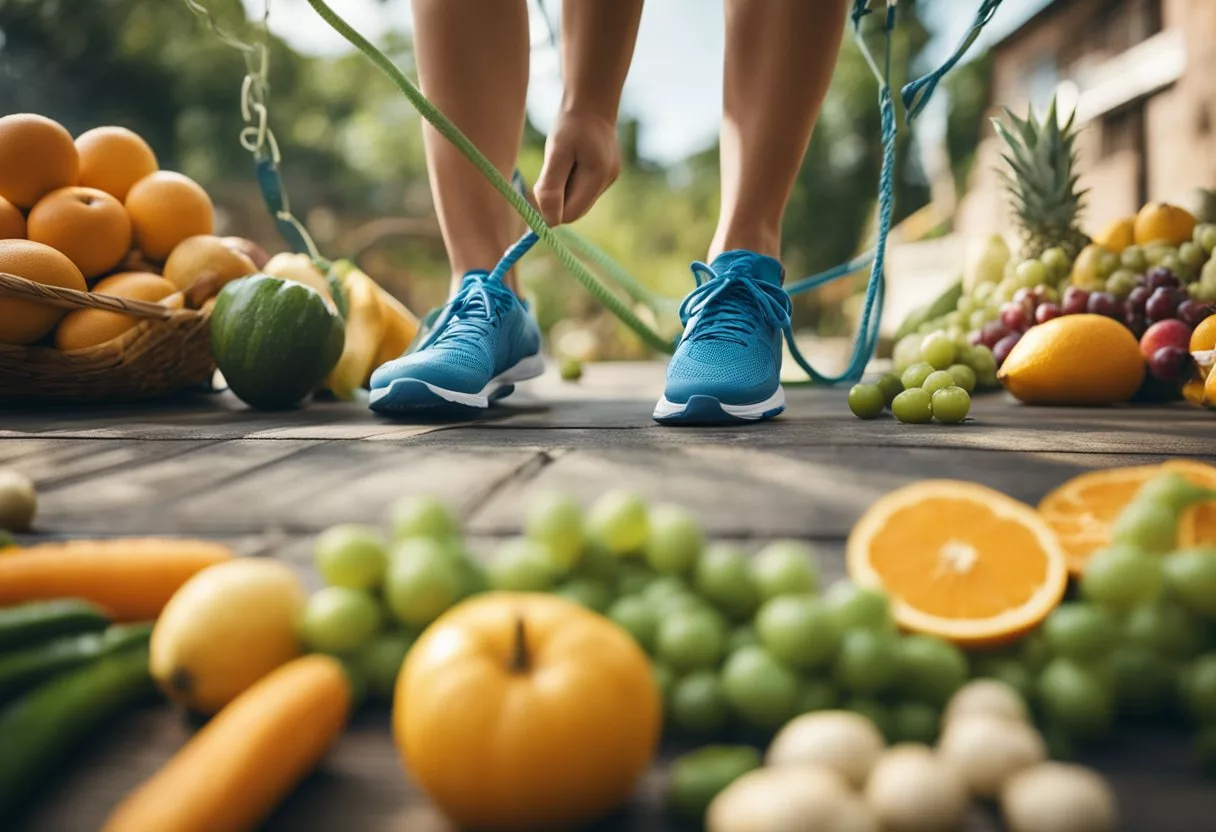 A person jumping rope daily, surrounded by healthy lifestyle elements like fruits, vegetables, and water. Energized and focused