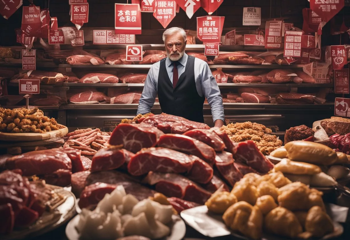 A pile of meat surrounded by warning signs and red flags, with a shadowy figure looking unwell in the background