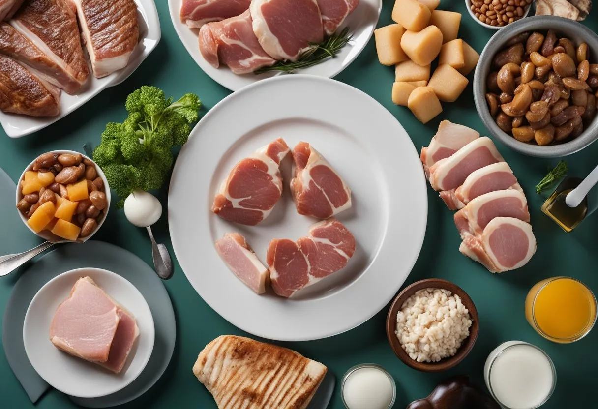 A plate filled with various meats, surrounded by images of a heart, bones, and muscles. A scale showing weight gain, and a chart displaying cholesterol levels rising