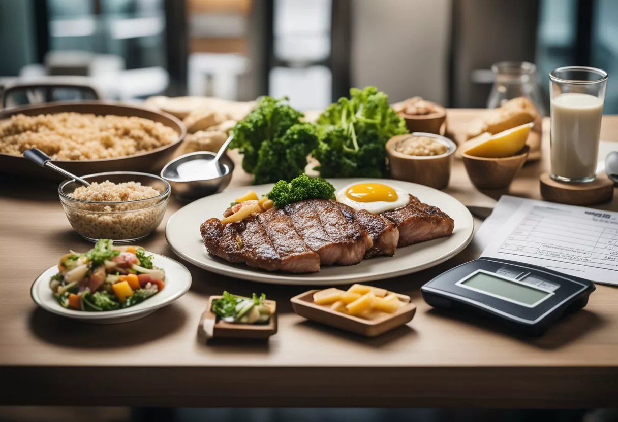 A table with daily meat dishes, a scale showing weight gain, and a doctor's office with health charts