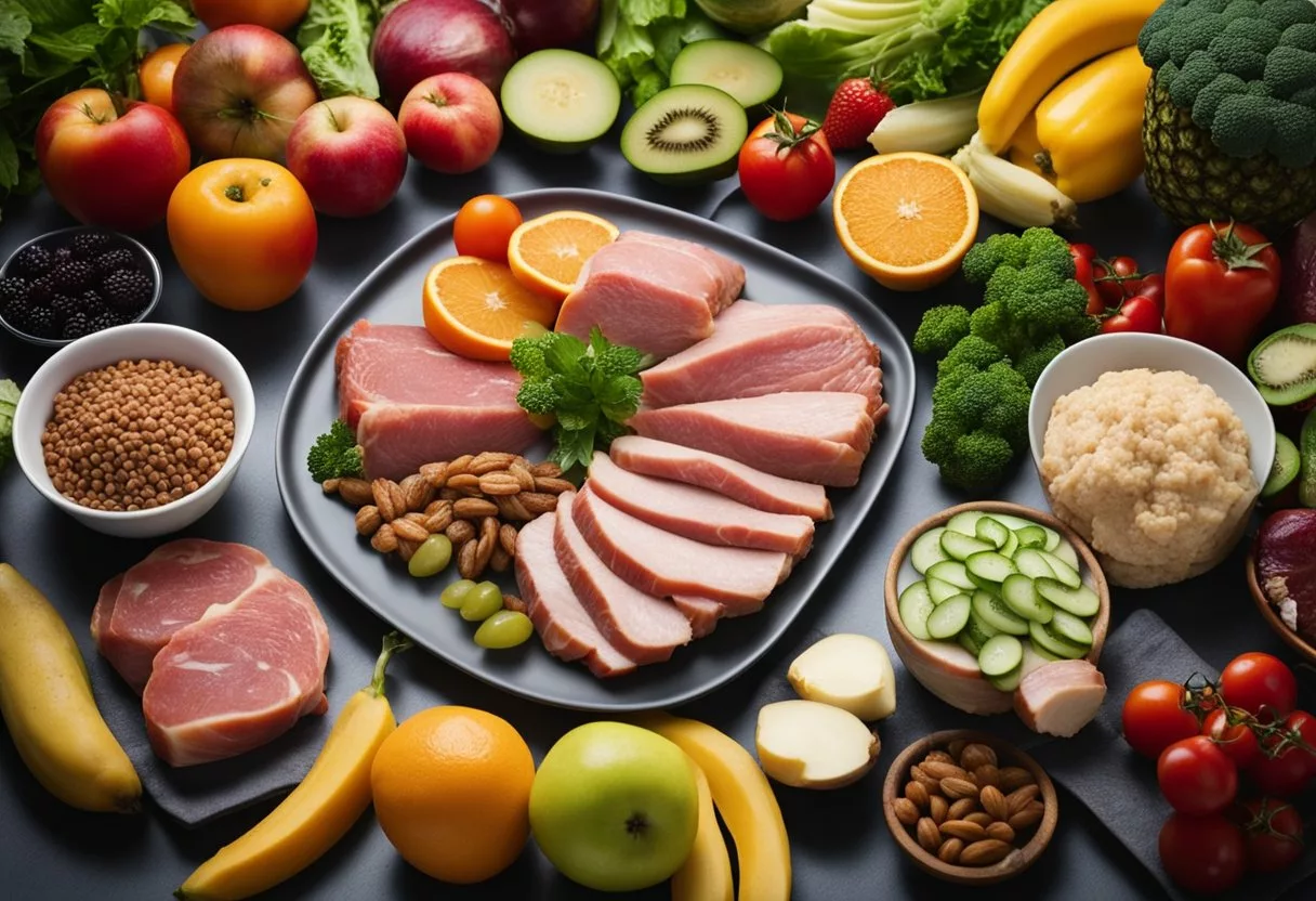 A variety of meats on a plate, surrounded by fruits and vegetables. The plate is balanced on a scale, with the meat outweighing the other foods