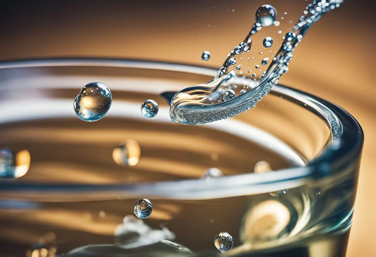 Baking soda dissolving in a glass of water, releasing bubbles