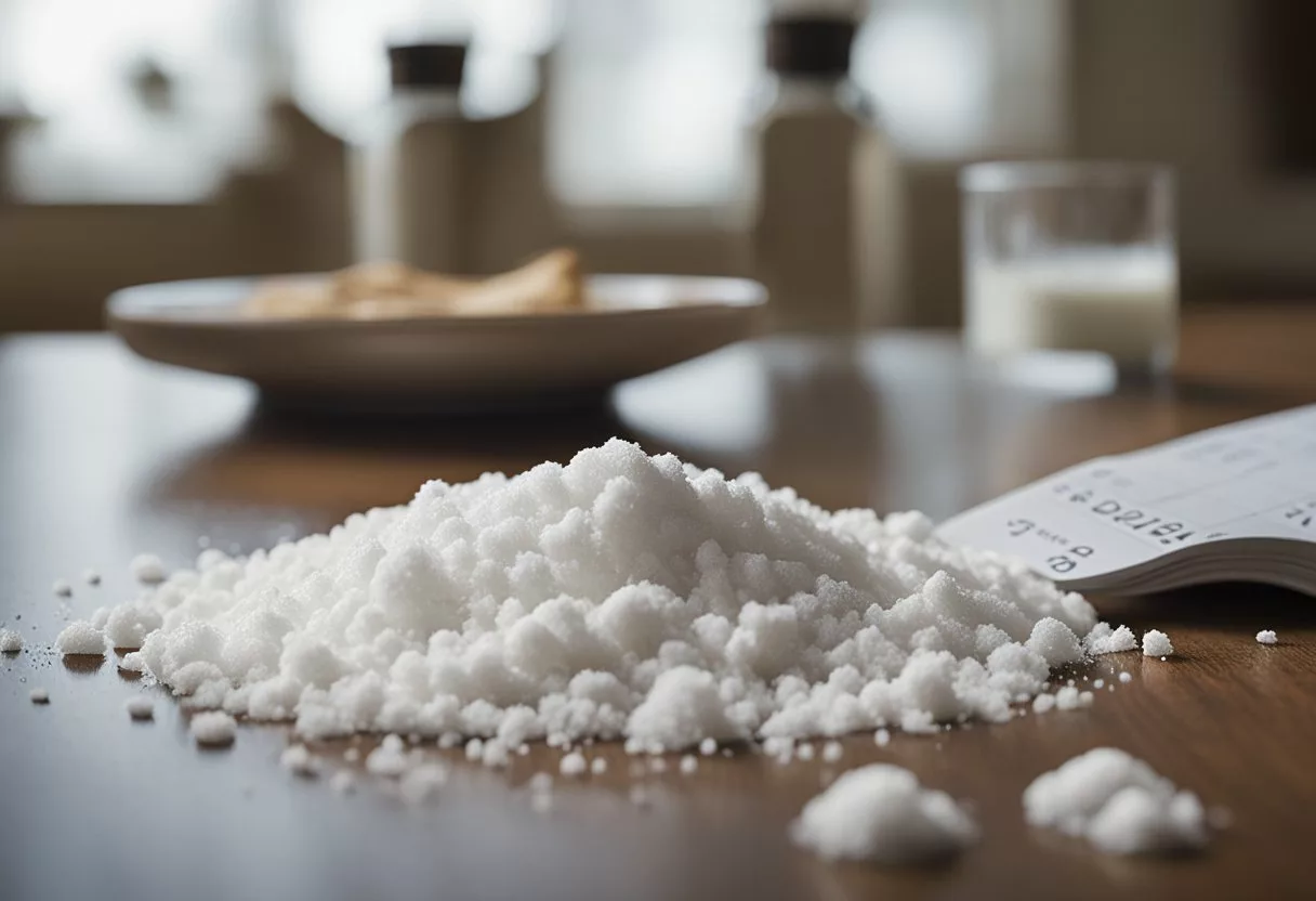 A pile of baking soda sits on a table, with a calendar showing daily intake. A body outline nearby shows changes over time