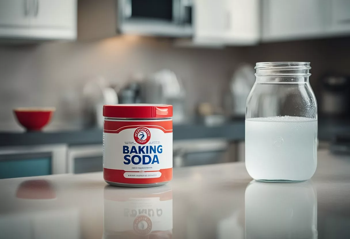 A jar of baking soda sits on a kitchen counter, next to a glass of water. A question mark hovers above, symbolizing uncertainty about its effects on renal health