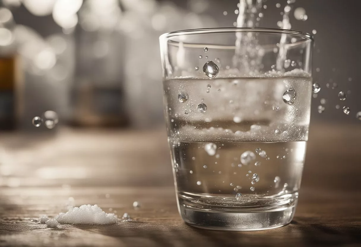 Baking soda dissolving into a glass of water, fizzing and bubbling as it reacts. A hand reaching for the glass, illustrating the daily intake of the substance