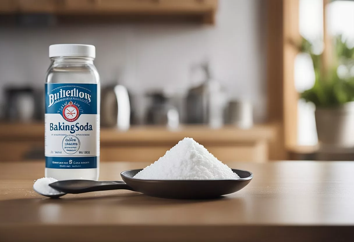 A container of baking soda sits on a kitchen counter, with a measuring spoon and a glass of water nearby