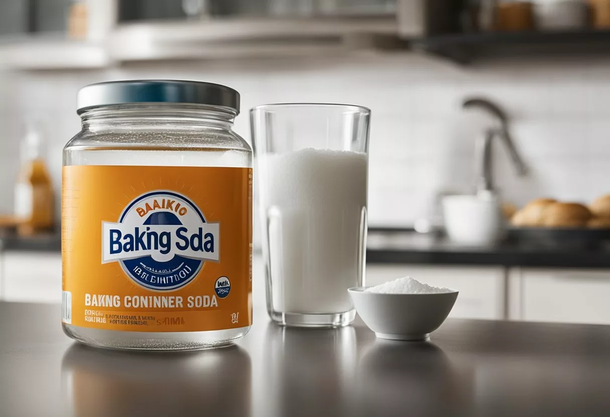 A container of baking soda sits on a kitchen counter, next to a glass of water. A daily routine is implied by the regular placement