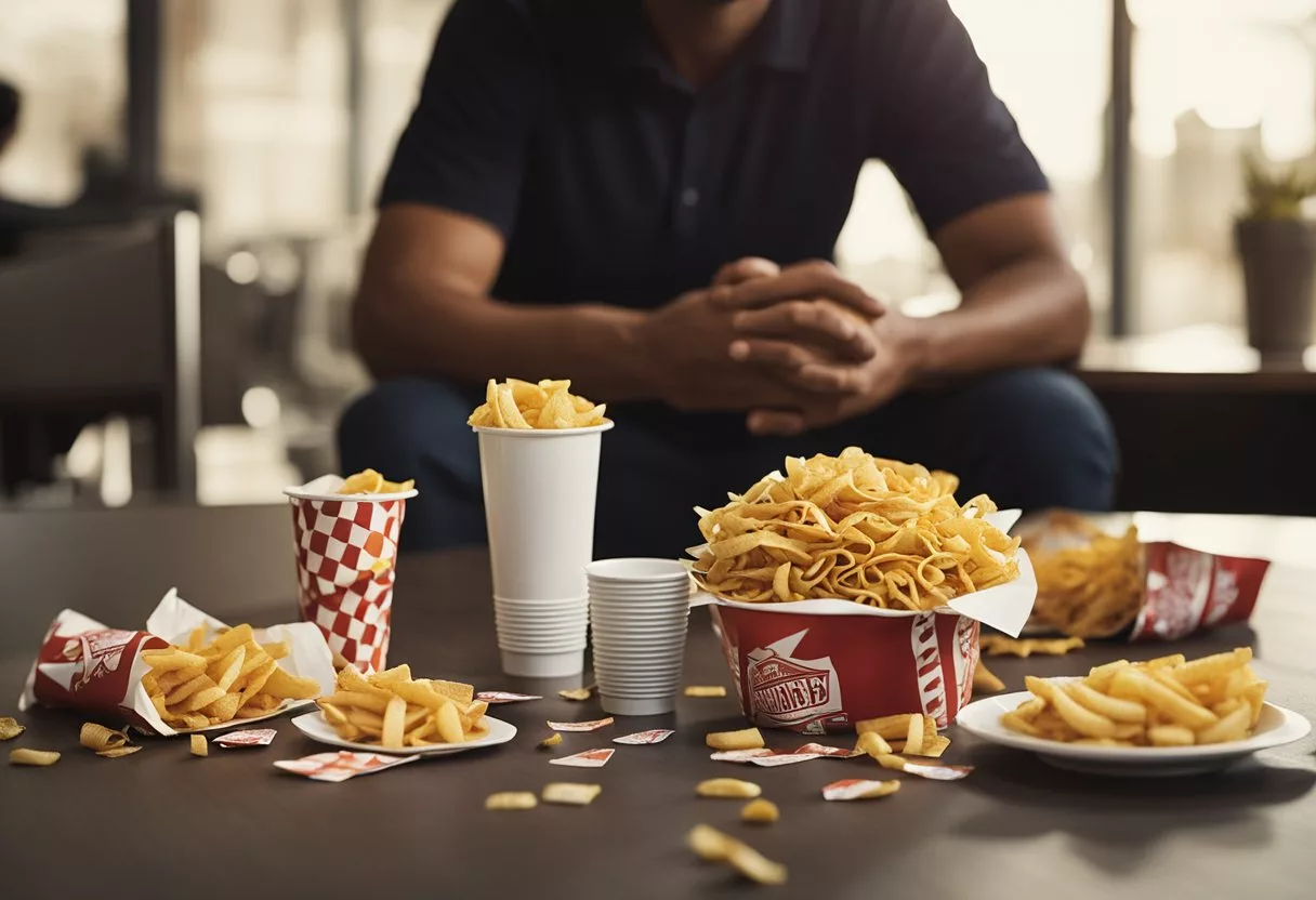 A pile of fast food wrappers and empty soda cups litter a table, while a person's silhouette slumps in a chair, surrounded by fatigue and discomfort