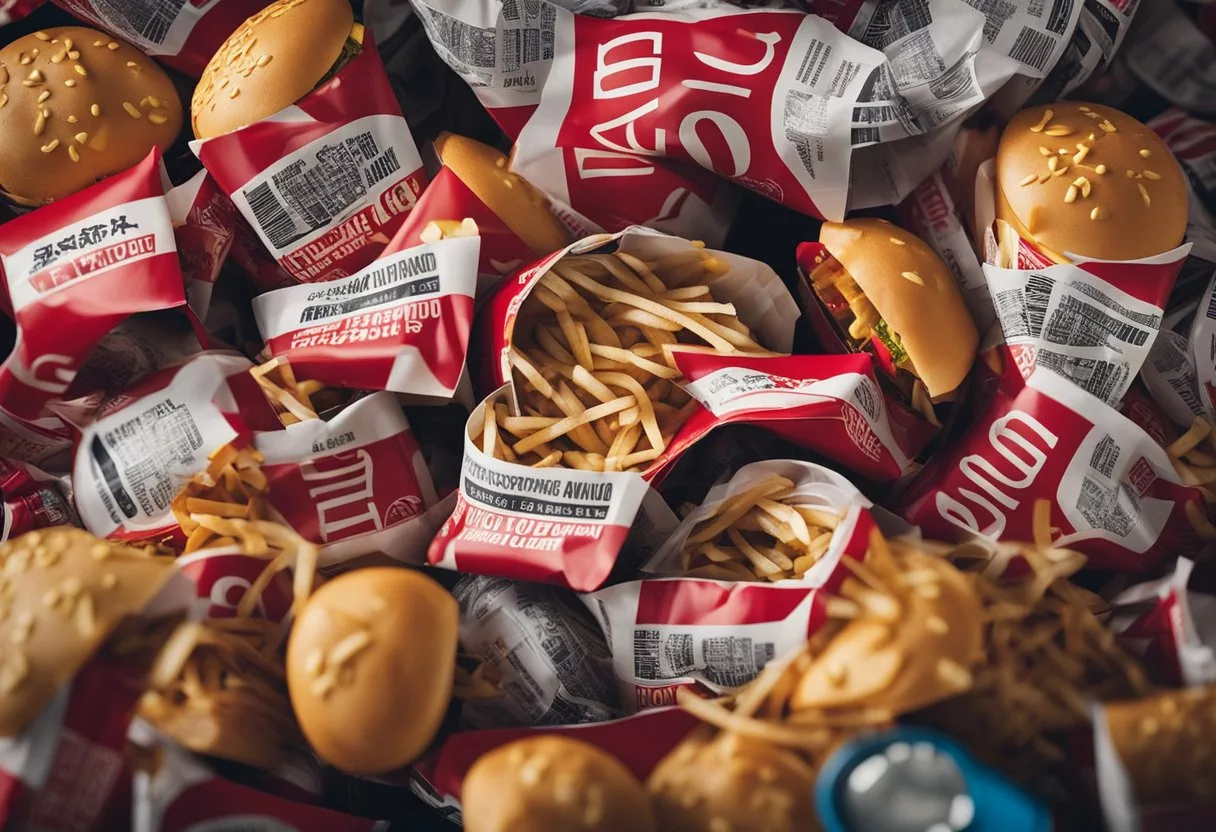 A pile of fast food wrappers and containers overflowing from a trash can, with a red "warning" sign and a sad face emoji next to it