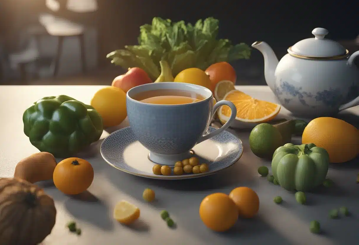 A steaming cup of tea surrounded by various fruits and vegetables, with a caution sign nearby