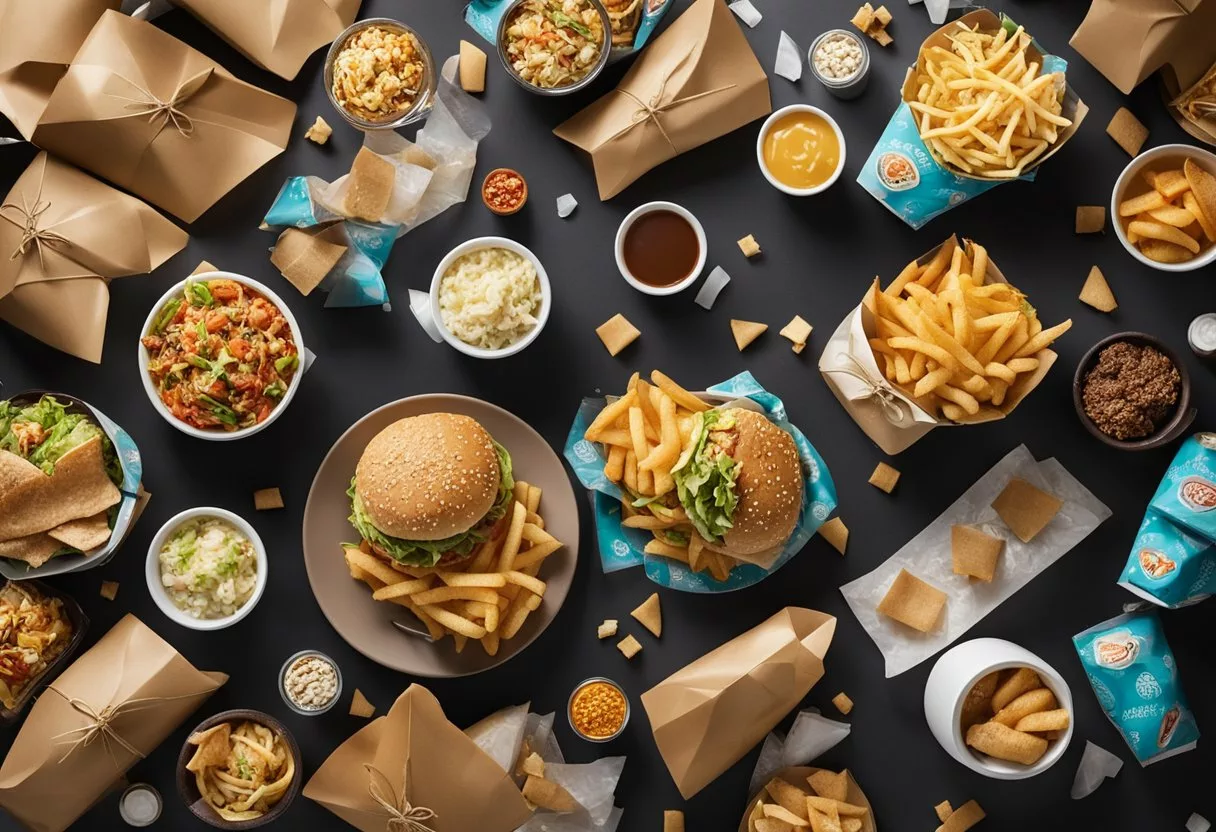 A pile of fast food wrappers and containers clutter a messy table, while a person's mood and energy levels fluctuate throughout the day