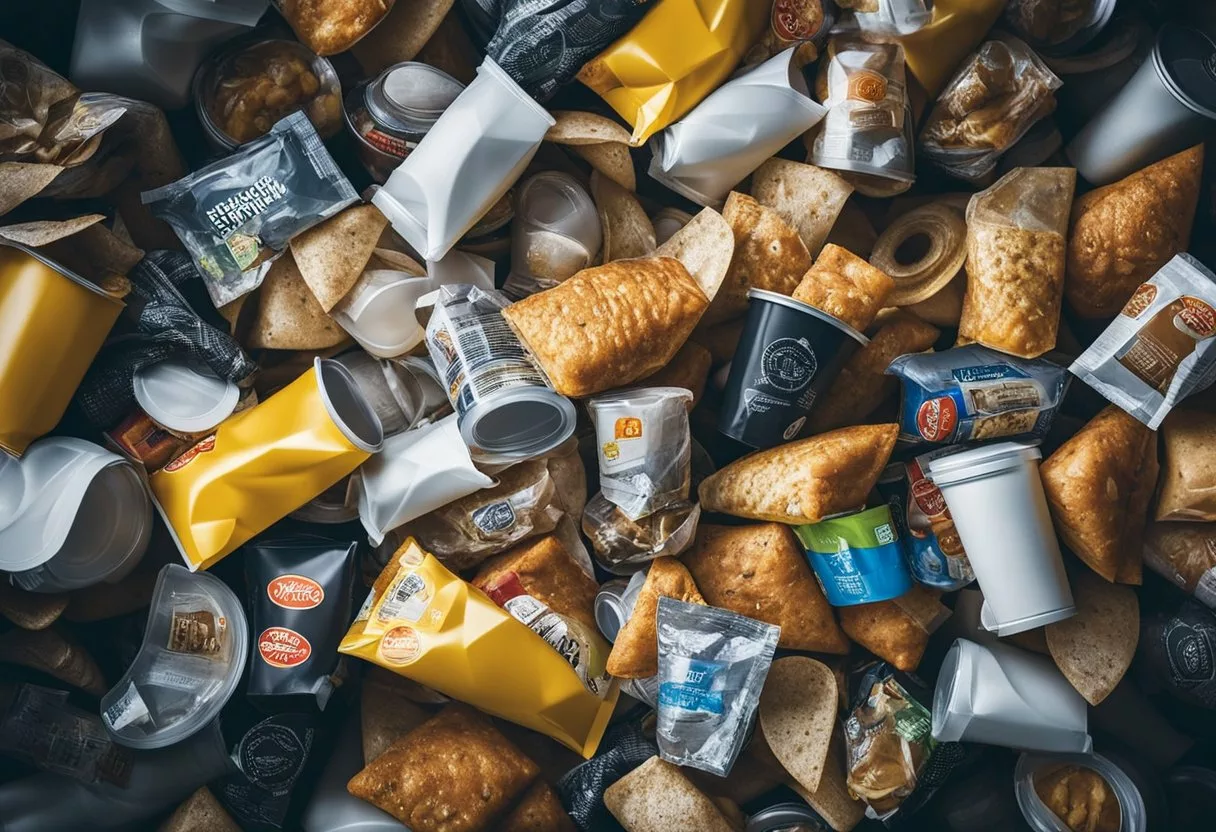 A pile of fast food wrappers and containers accumulating around a neglected, overflowing trash can, with a faint, sickly odor emanating from the discarded food packaging